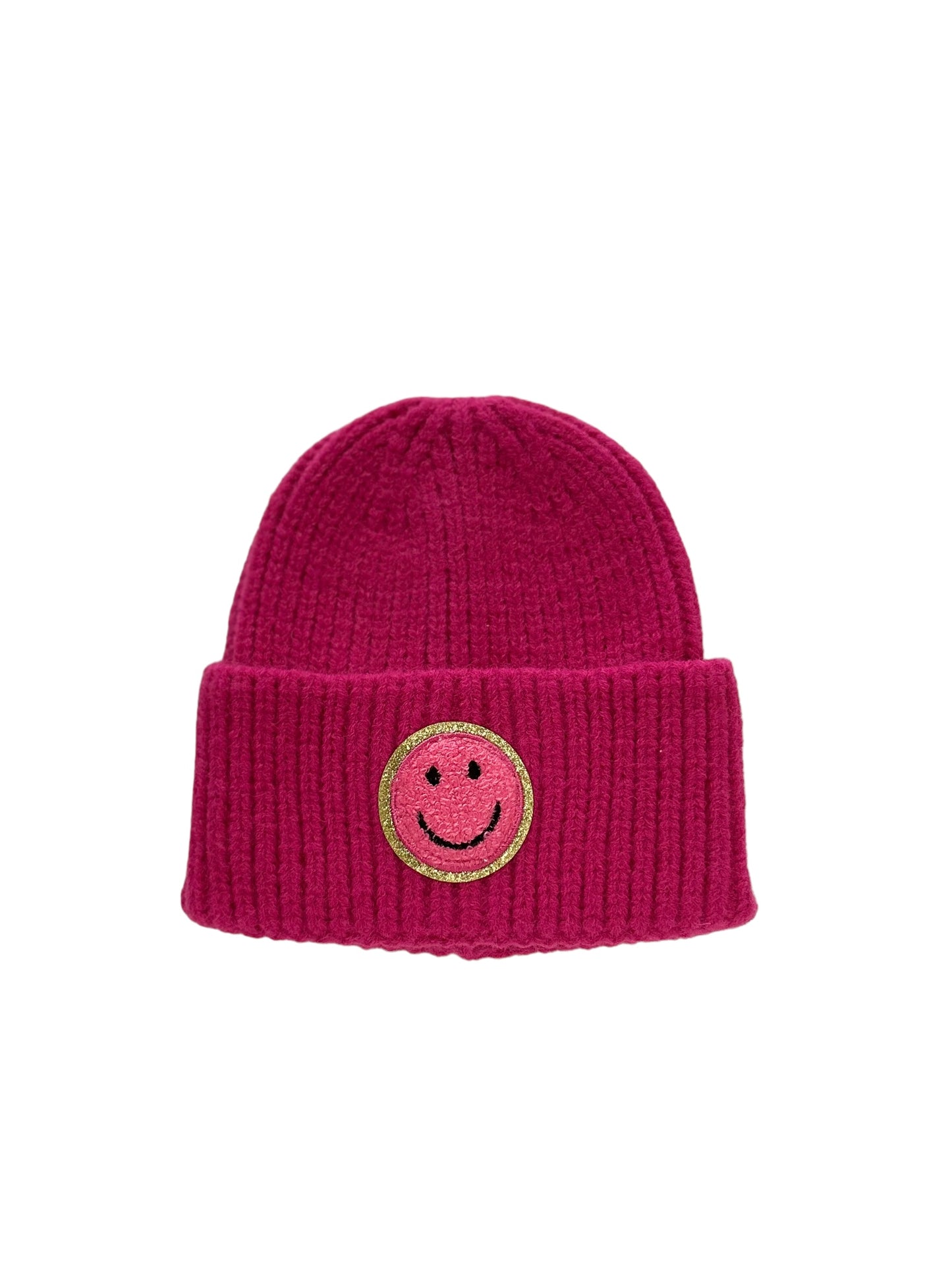 Smiley Patch Beanie (Dark Pink)